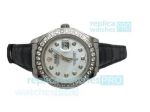 Replica Rolex Datejust White Diamond Dial Black Leather Strap Watch